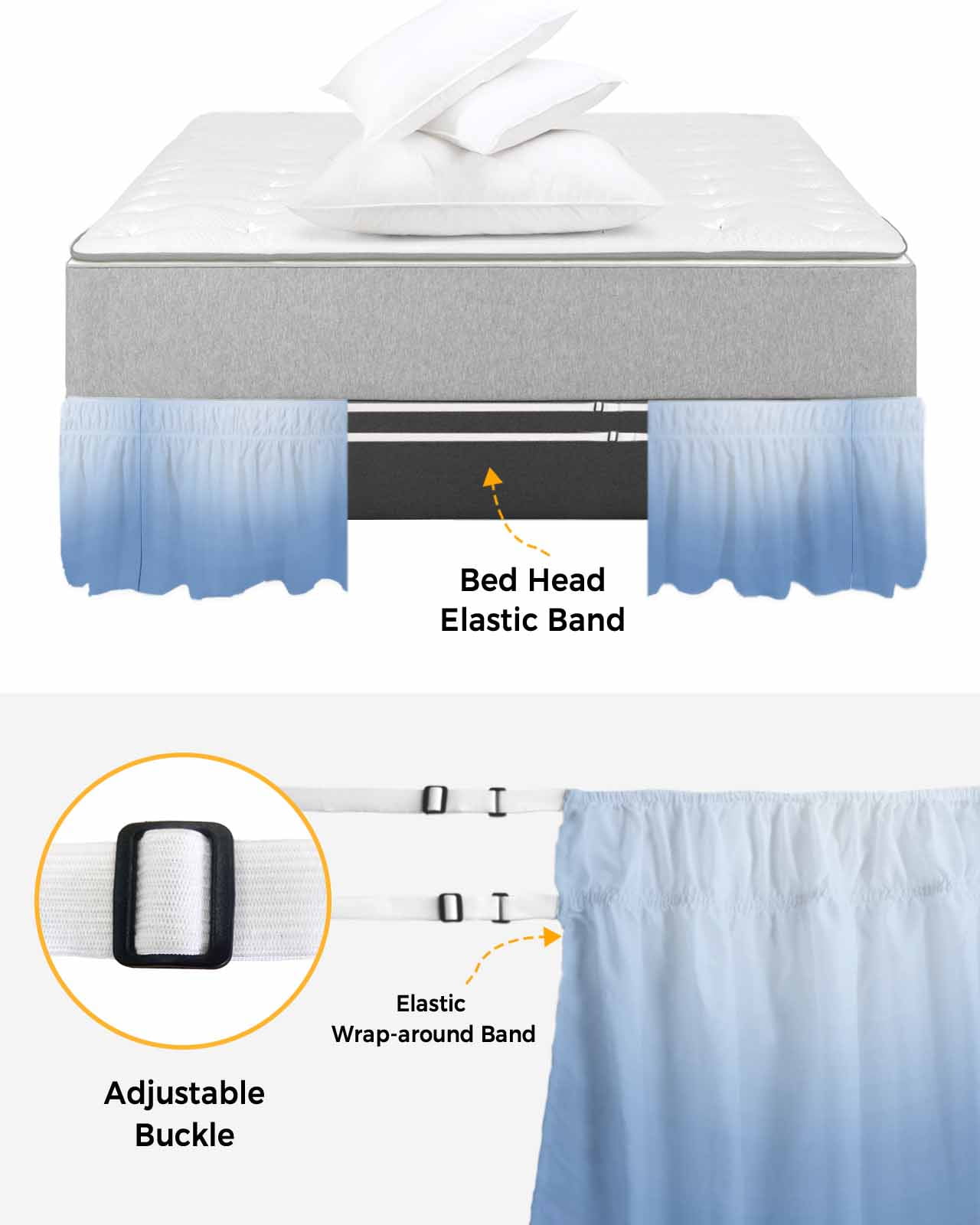Blue Ombre Wrap Around Bed Skirts for Queen Bed 18" Drop, Bed Skirt with Adjustable Elastic Belt Dust Ruffle Bed Valance for Bedroom Hotel Luxury Modern Minimalist Gradient Aesthetic Bed Frame Cover