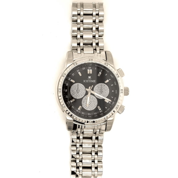 IceTime 40mm Men's White Gold Steel Watch Iced 0.10ct Diamonds Black Dial Mk321