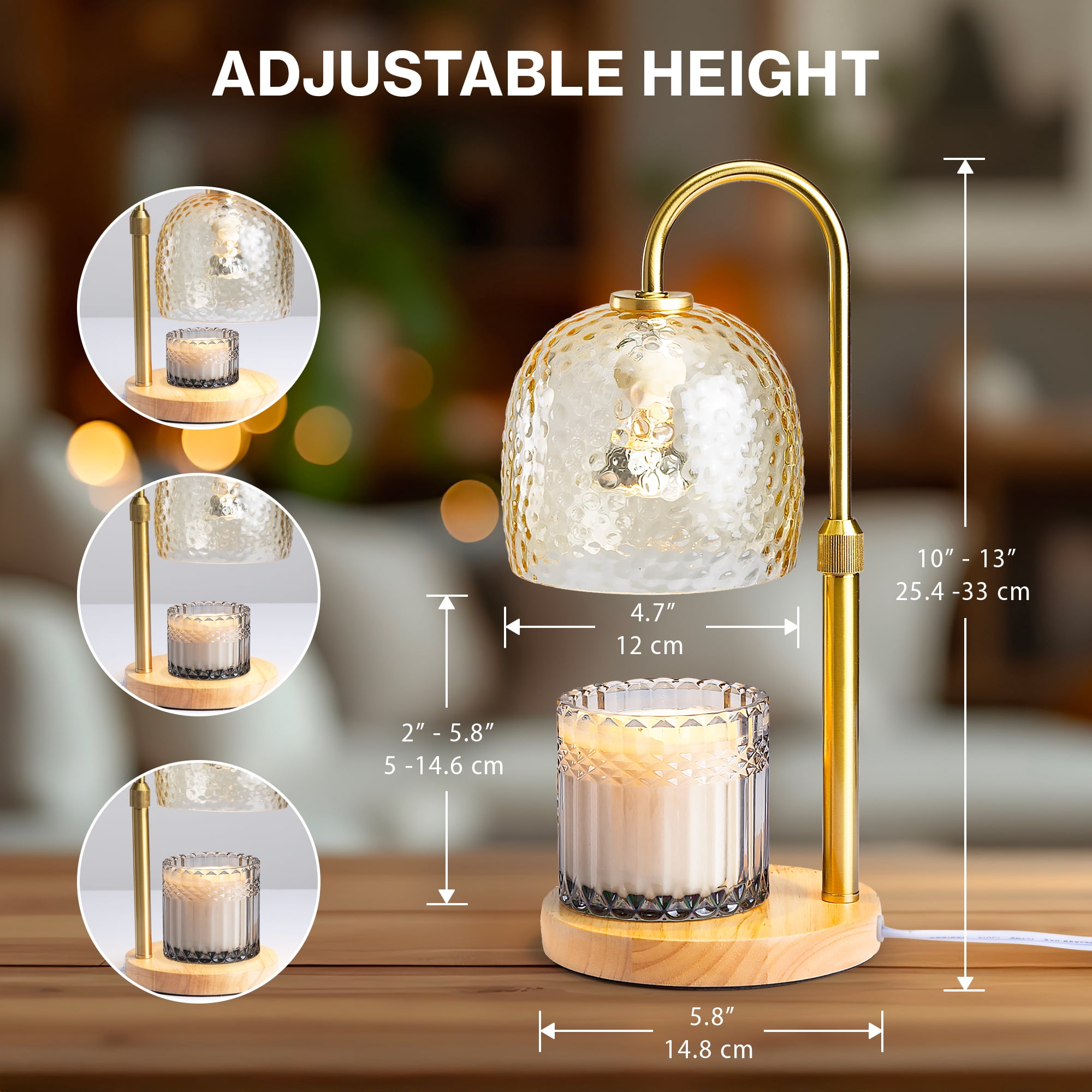 Better Homes & Gardens Amber Hammered Glass Candle Warmer Lamp with Adjustable Height & Light Wood Base