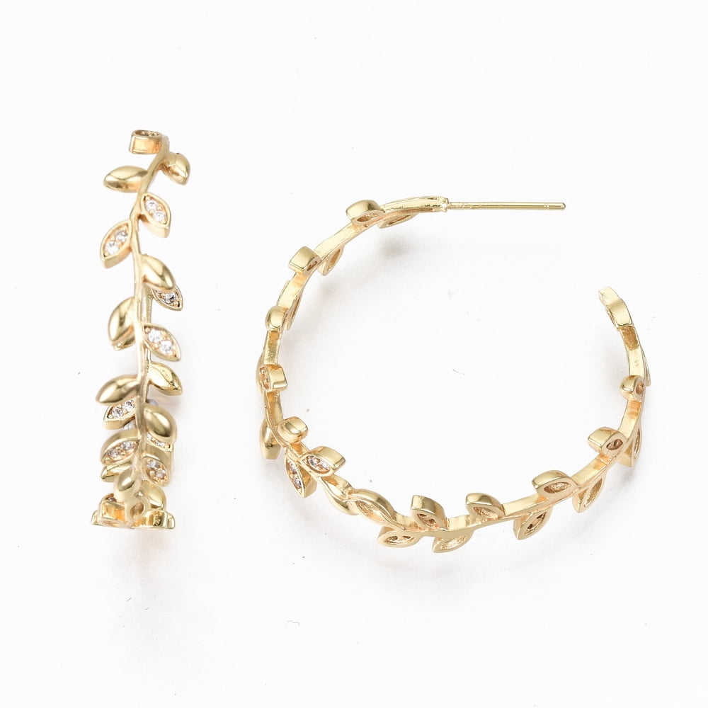 Brass Micro Pave Clear Cubic Zirconia Half Hoop Earrings Stud Earring Leaf Nickel Free Real 18K golden Plated 37x37x7mm Pin: 0.7mm