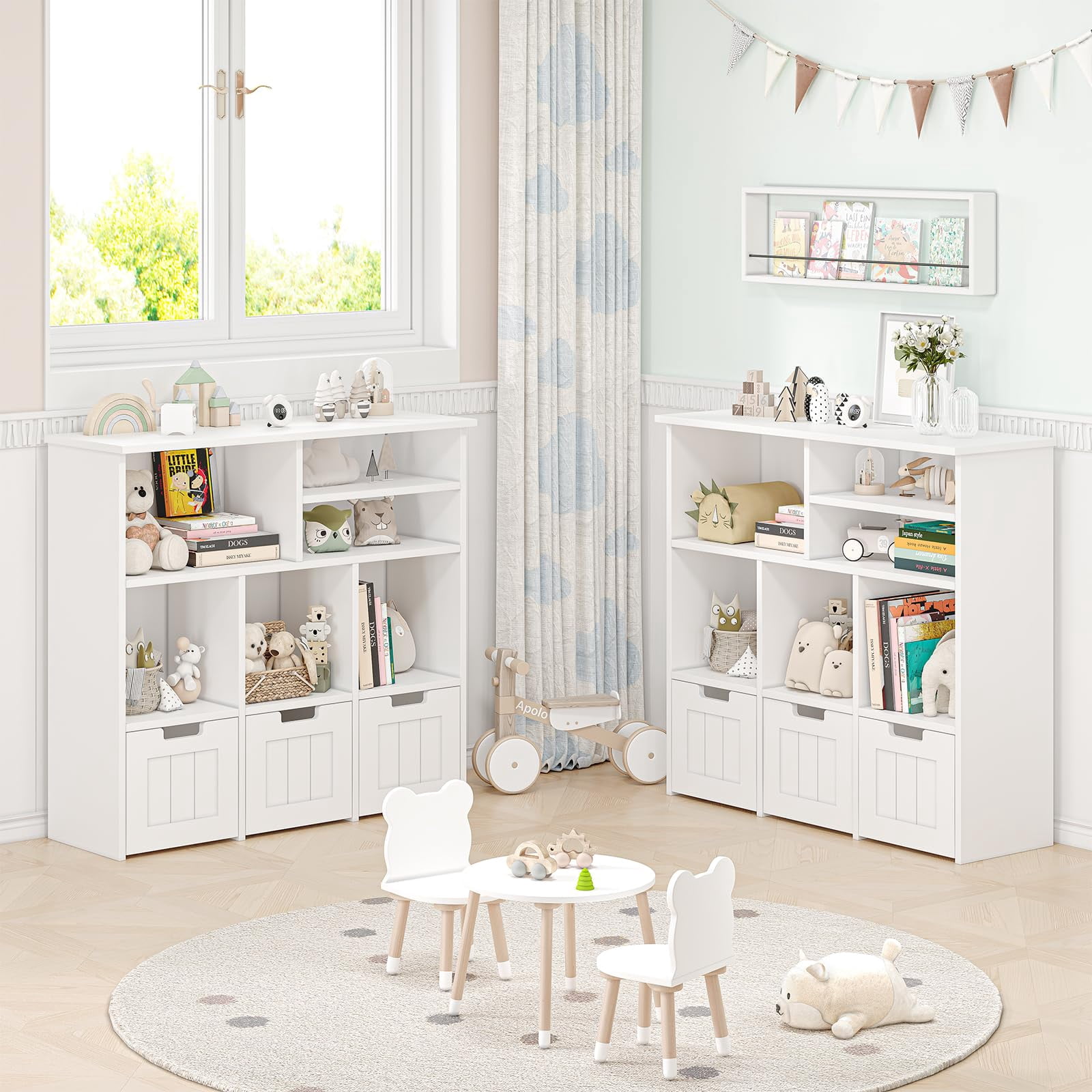 Juiluna Toy Storage Cabinet with 3 Movable Drawers & 6 Cubes, Children's Toy Shelf Kids Bookshelf with Hidden Wheels, Kids Bookcase Toy Storage Organizer for Bedroom & Playroom & Nursery
