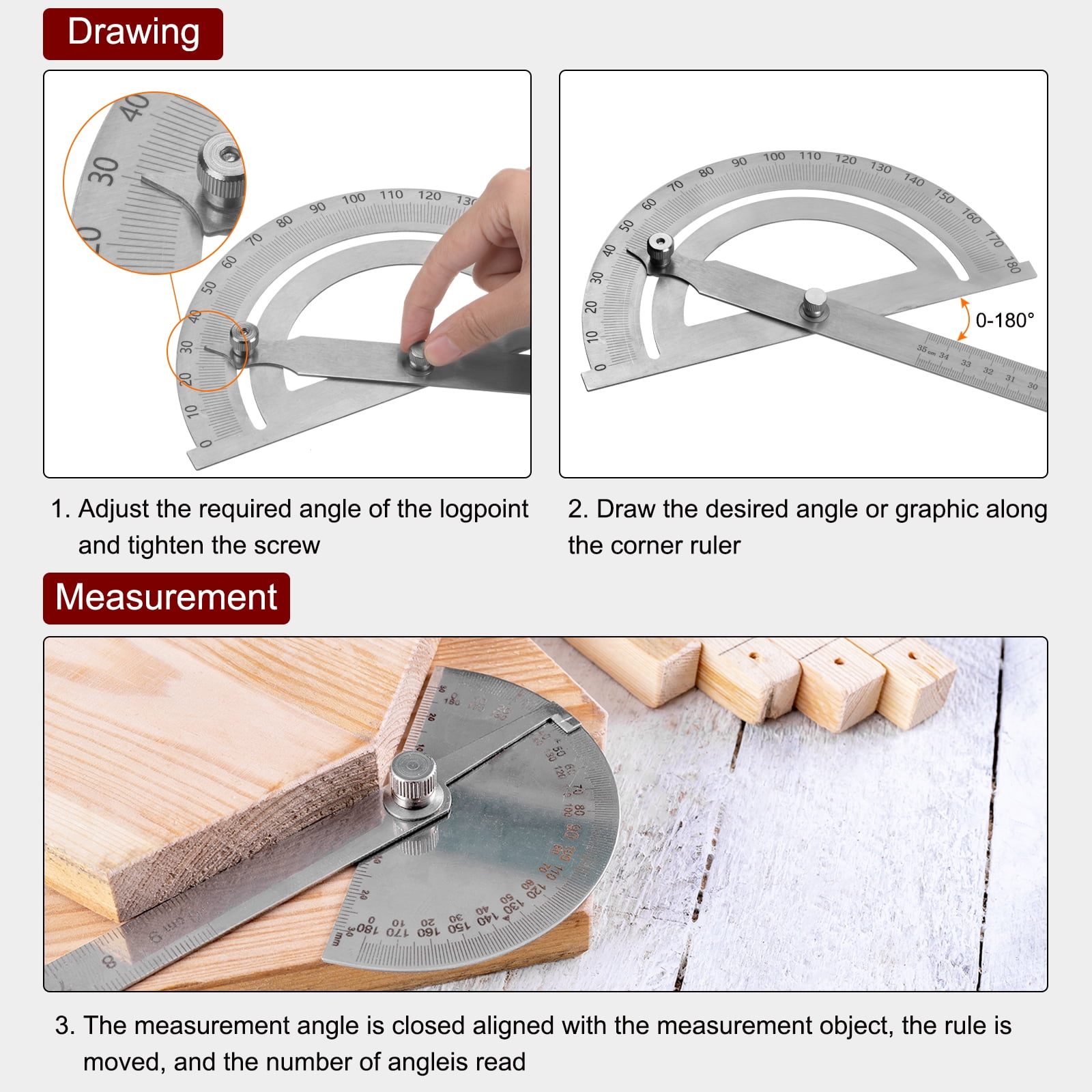 Uxcell Angle Protractor 180 Degree Stainless Steel Angle Gauge Adjustable Ruler Measuring Tool with 350mm Arm