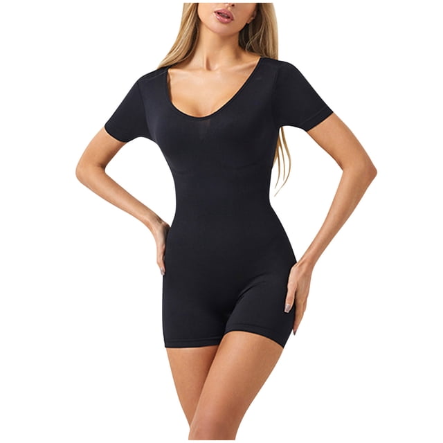 aidice Justaucorps Athlétiques pour Femmes Été Col Rond Manches Courtes Ajusté Shorts d'Entraînement