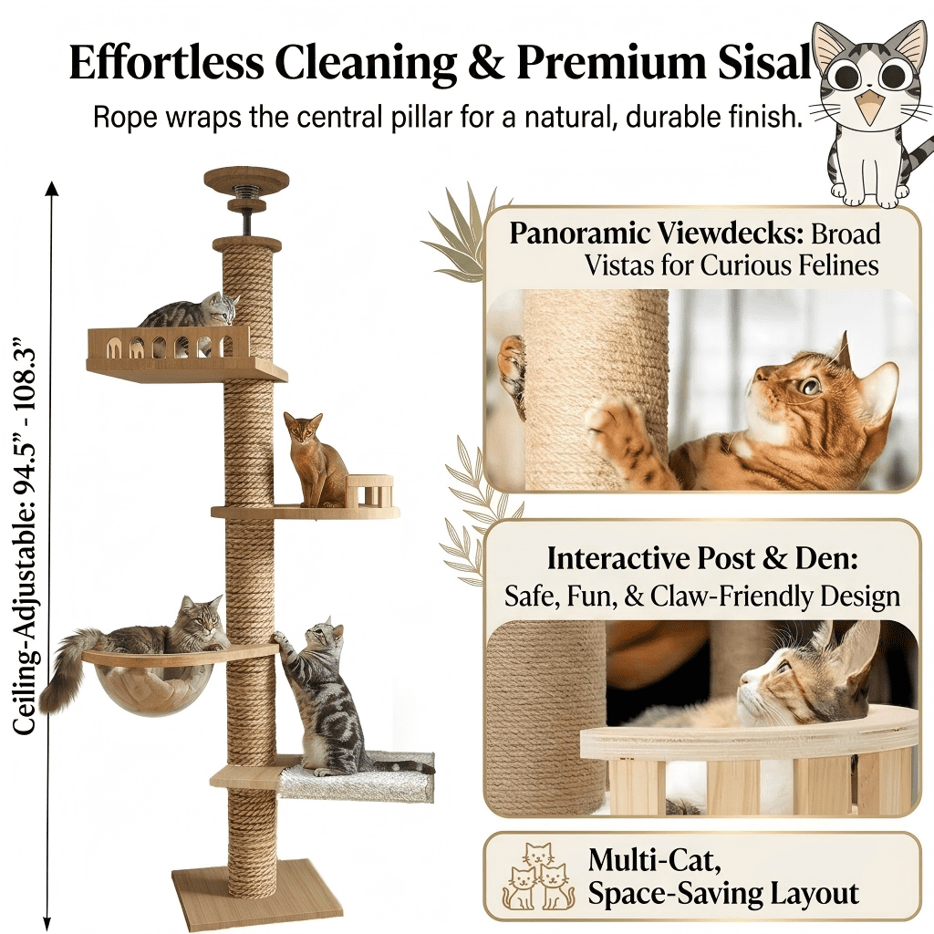 Mekidulu 9ft Floor to Ceiling Wood Cat Tree, 95"-108" Adjustable Height Tower with 4.3" Thick Posts, Brown
