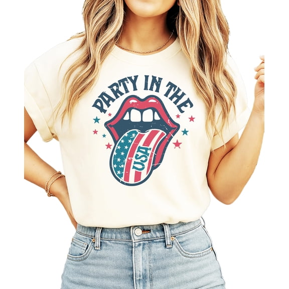 Party in the USA Shirt for Women & Teens Patriotic Retro Rock and Roll Tongue Graphic Tee Ivory Shirt Adult X-Large