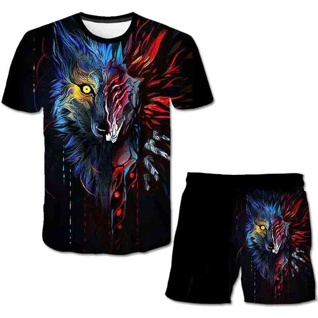Verano niños Lobo camisetas pantalones cortos trajes niños niñas dibujos animados manga corta Tops + cintura elástica pantalones 2 uds ropa Outfits13T Gao Jinjia LED
