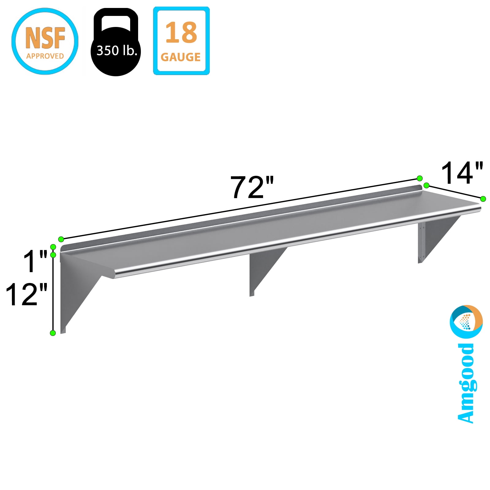 AmGood 14 in. x 72 in. Stainless Steel Wall Shelf | NSF Certified | Appliance & Equipment Metal Shelving | Kitchen, Restaurant, Garage, Laundry, Utility Room
