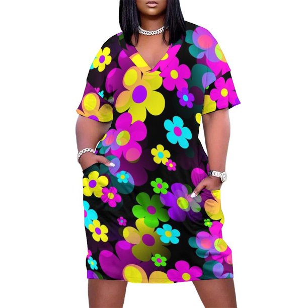 Vestido elegante de lujo para mujer, estilo retro de los años 60, con pequeñas flores, varios colores sobre negro, holgado y con bolsillos, 2025, largo.