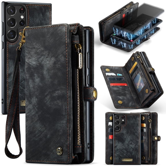 ELEHOLD Multi-Functional Wallet Case for Samsung Galaxy S26 Ultra,Large Capacity 8 Card Slots Zipper Purse Magnetic Detachable Case with Wriststrap ,Black