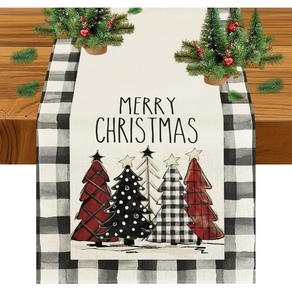 Christmas Table Runner,48 Inches Buffalo Plaid Red Pine Trees Merry Christmas Table Runner,Navidad decoración Clearance,Winter Xmas Holiday Tables Decoration de Navidad for Indoor Home Decor