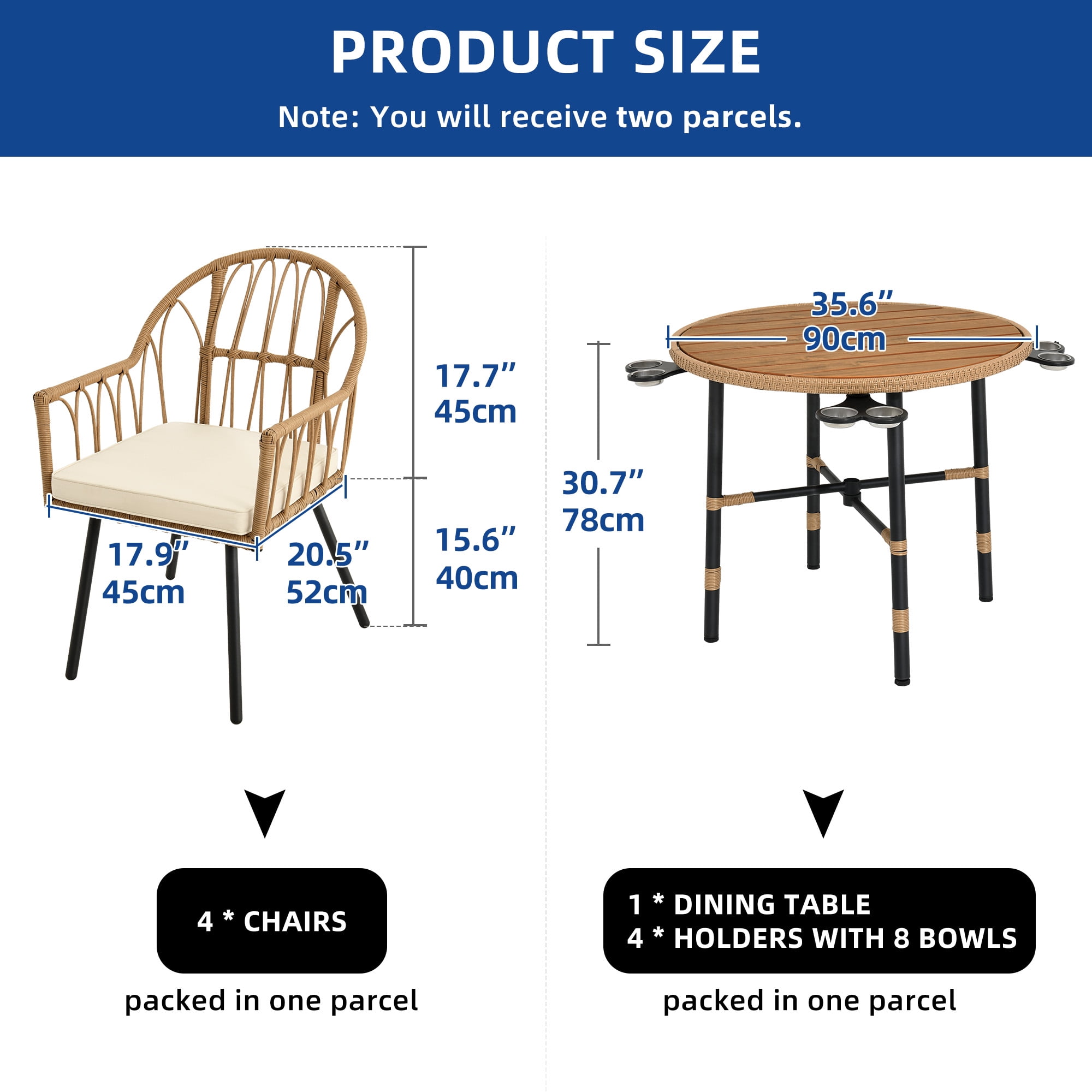 Uforic 5 Pieces Outdoor Patio Dining Table Set, 4 Rattan Wicker Dining Chair and ROUND Dining Table with Umbrella Hole for Garden, Lawn,Patios, Backyard