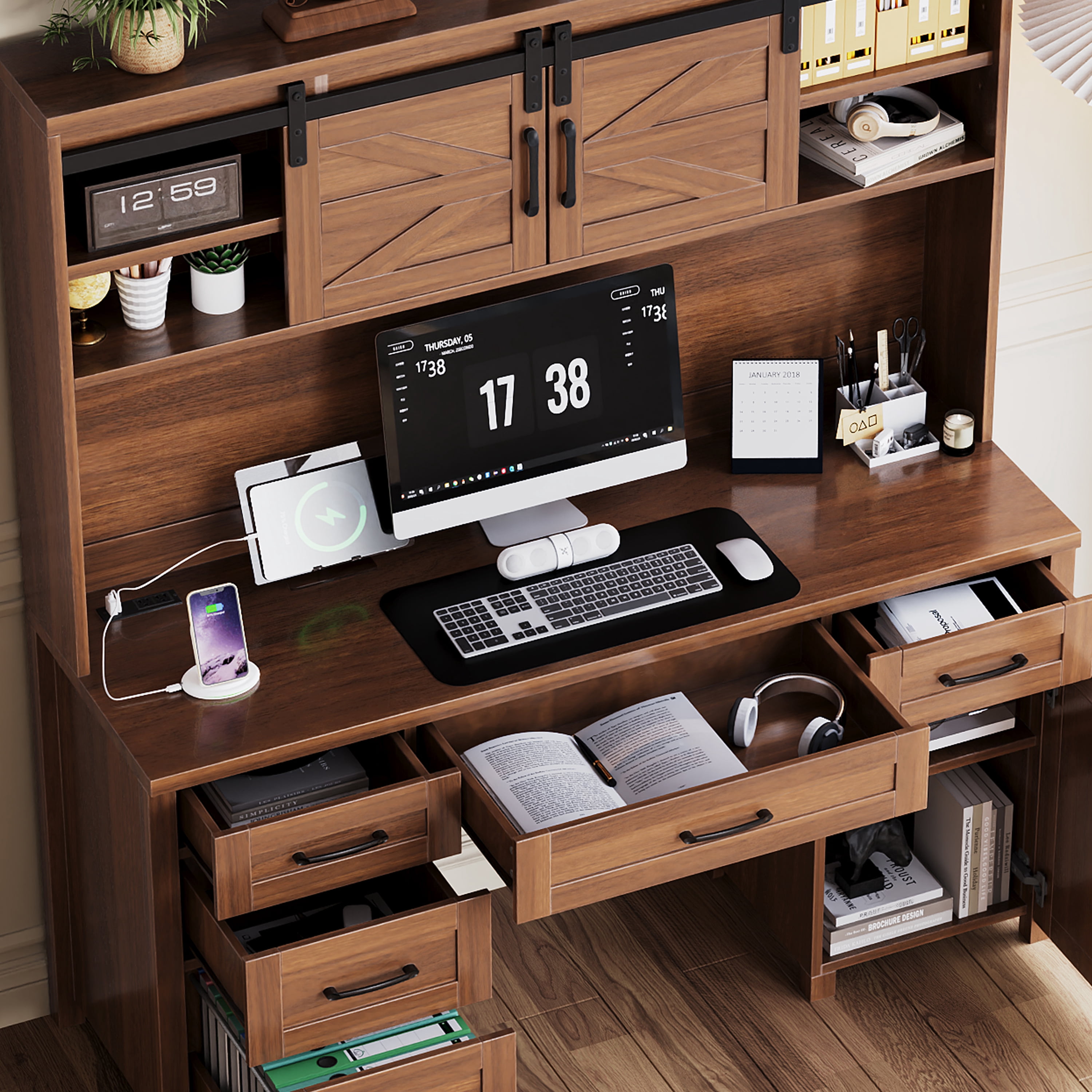 Mintazer Farmhouse Executive Desk with Storage Cabinets & Charging Station, Computer Desk with 2 Sliding Barn Doors and 5 Drawers & Adjustable Shelf for Home Office, Walnut