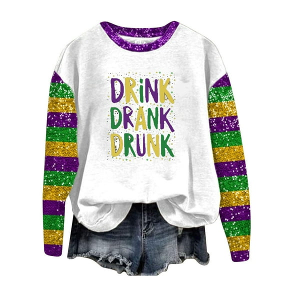 YUNAFFT Wowomen Fashion Paillette Letter Printed Loose T-shirt Long Sleeves Blouse Round Neck Casual Tops St. Parik's Day