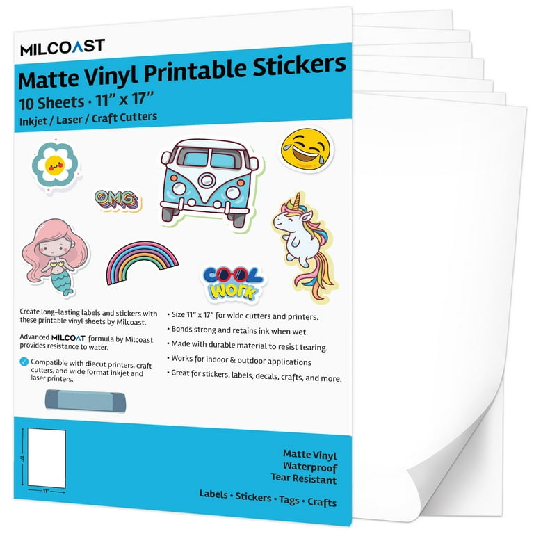 Milcoast Matte Waterproof Printable Vinyl 11 x 17 Full Sheet Sticker  Paper Labels - Adhesive, Inkjet/Laser Printer Compatible - For Arts,  Crafts