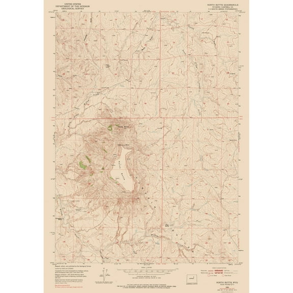 Topographical Map - North Butte Wyoming Quad - USGS 1953 - 23 x 32.80 - Vintage Wall Art