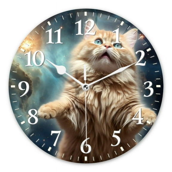 Non-Ticking Silent Wall Clocks Battery Operated Personalized Decor Clock for Living Room,Bedroom-Fluffy Orange Cat With Blue Eyes Floating In Space(10inch)