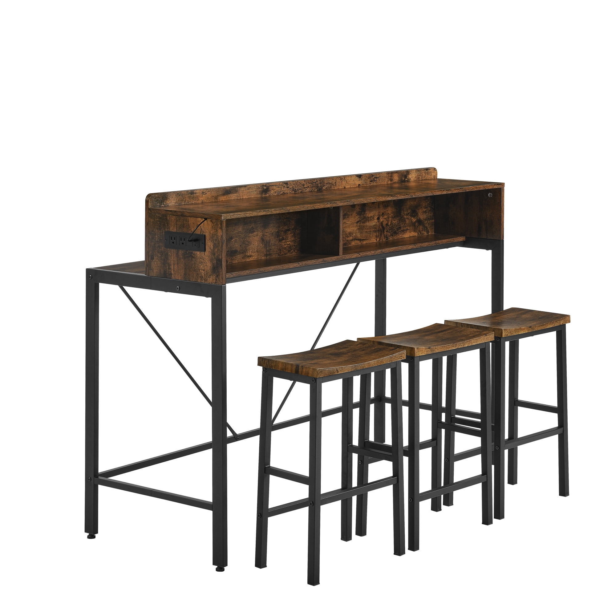 HOQBN Bar Table Set,59 inch Bar Table with Power Socket and LED Light,4-piece Bar Table and 3 Saddle Stools Set for Living Room, Dining Room and Kitchen,Brown
