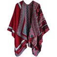 thumbnail image 1 of Châle à Blocs de Couleur pour Femmes, Poncho Ouvert (Série 27-Rouge Vin), 1 of 5