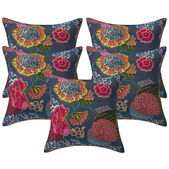 Stylo Culture Indian Decorative Throw Pillow Covers 16 x 16 Kantha Grey Printed 40cm x 40cm Home Decor Accent Pillowcase Cotton Tropicana Square Cushion Covers | Set Of 5