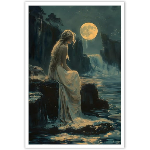Generic Witch Waterfall and Moon Print Painting，Moody Victorian Girl Wall Art, Dark Academia Print Canvas, Gothic Woman Dark Wall Art, Halloween Aesthetic Poster for Wall (12x16in Unframed)