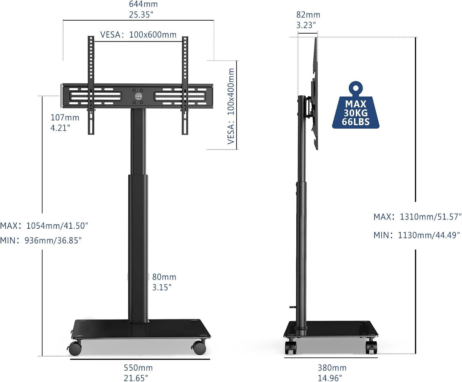 FITUEYES Rolling TV Stand for 32–65 Inch TVs, Black, Swivel Mount, Tempered Glass Base