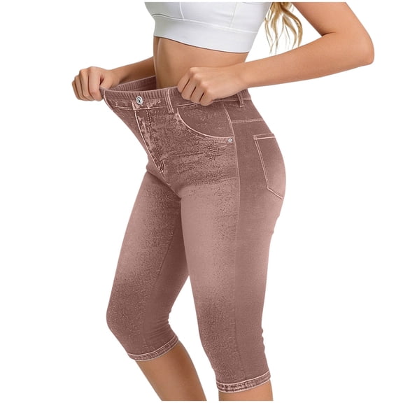 Kilaqueen Jeggings for Women Pull On Skinny Capri Jeans Stretchy High Waisted Faux Denim Capri Leggings Casual Cropped Yoga Pants