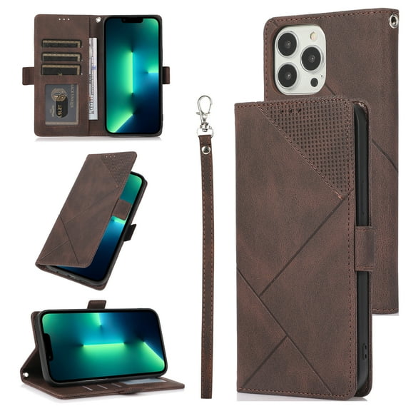 Case Wallet for iPhone 14 Pro 6.1-inch, [Wrist Strap] RFID Blocking 3 Card Slot Stand [Shockproof TPU Shell], PU Leather Magnetic Flip Cover Compatible with iPhone 14 Pro 2022,Brown
