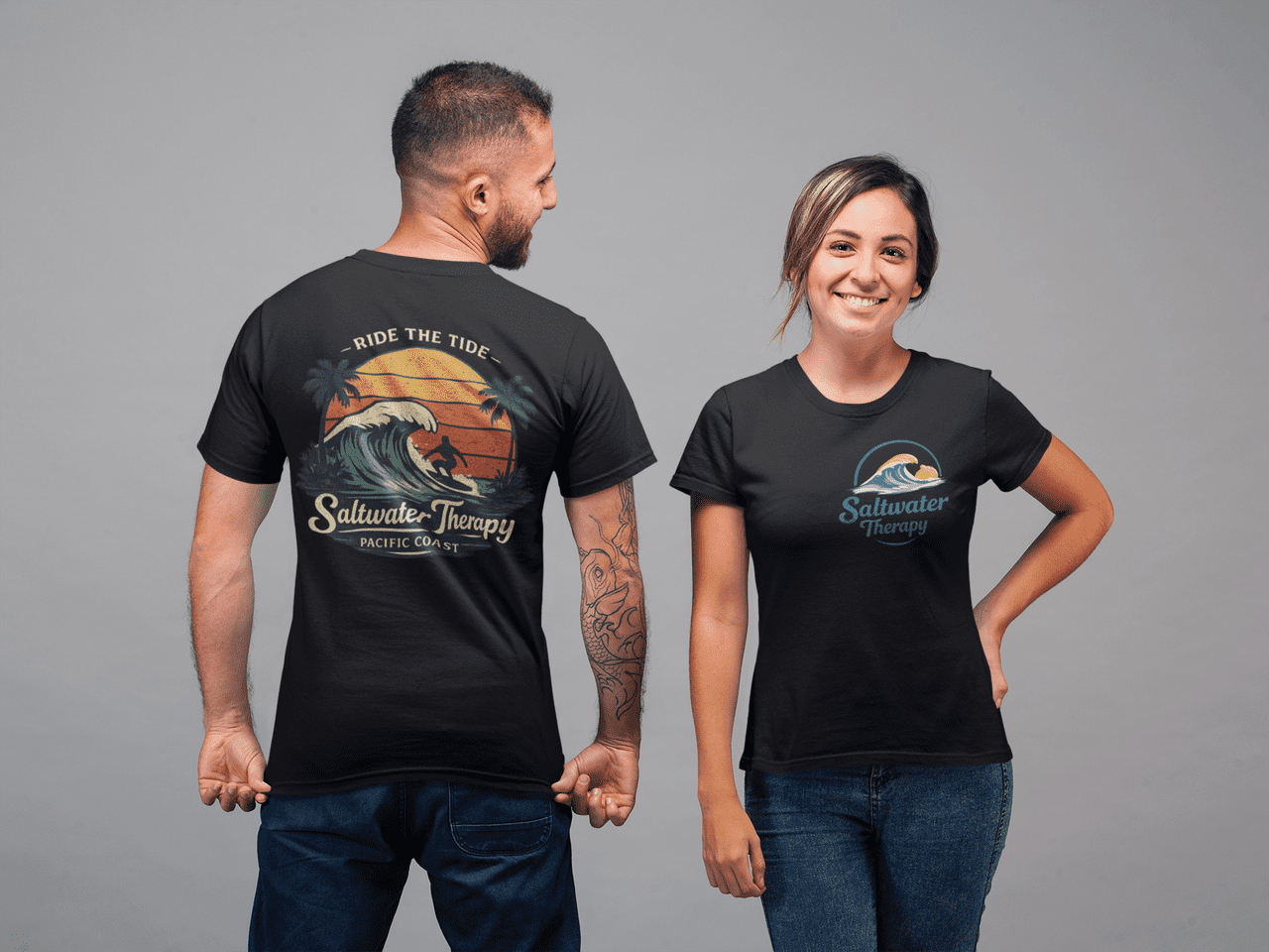 Saltwater Therapy Surf T-Shirt – Ride the Tide Beach Graphic Tee, Front & Back Print Coastal Shirt, Unisex Crewneck