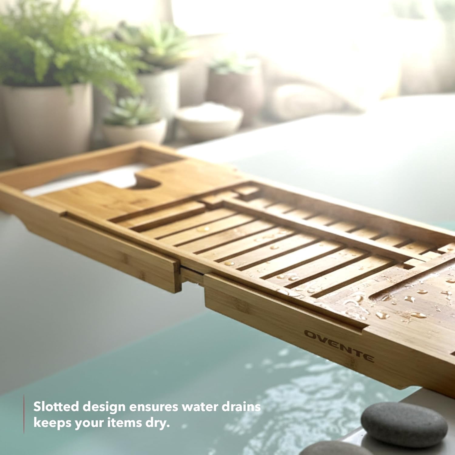 OVENTE Bathtub Tray Caddy, Expandable Bamboo Bath Tray Table, Wooden Tub Board with Books, Tablets, Phone and Wine Glass Holder, Bathroom Accessories and Home Spa Essentials, Wood BTC20228