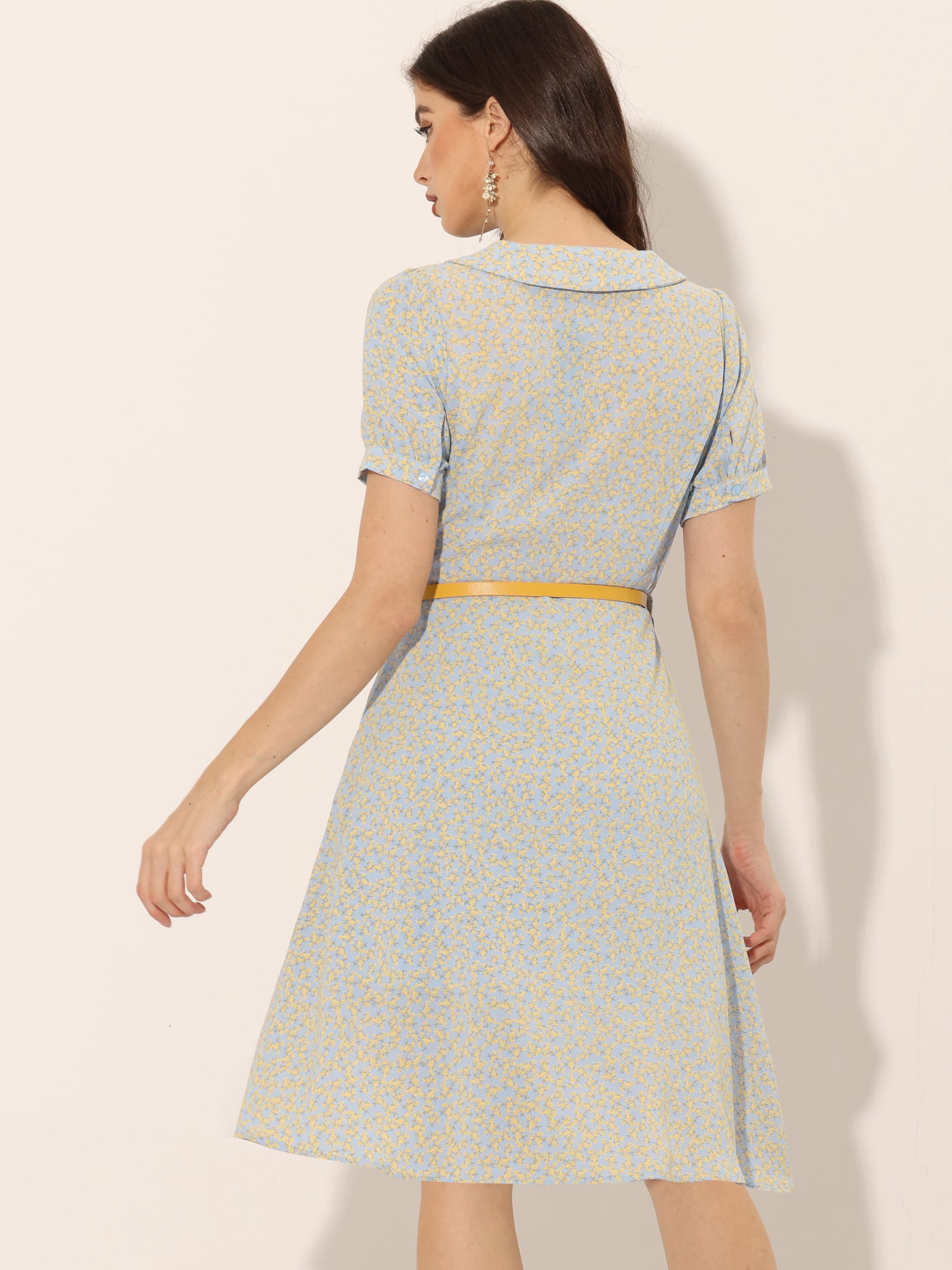 DARING DIVA Peter Pan Collar Tie Neck Elegant Floral Dress with Belt L Light Blue