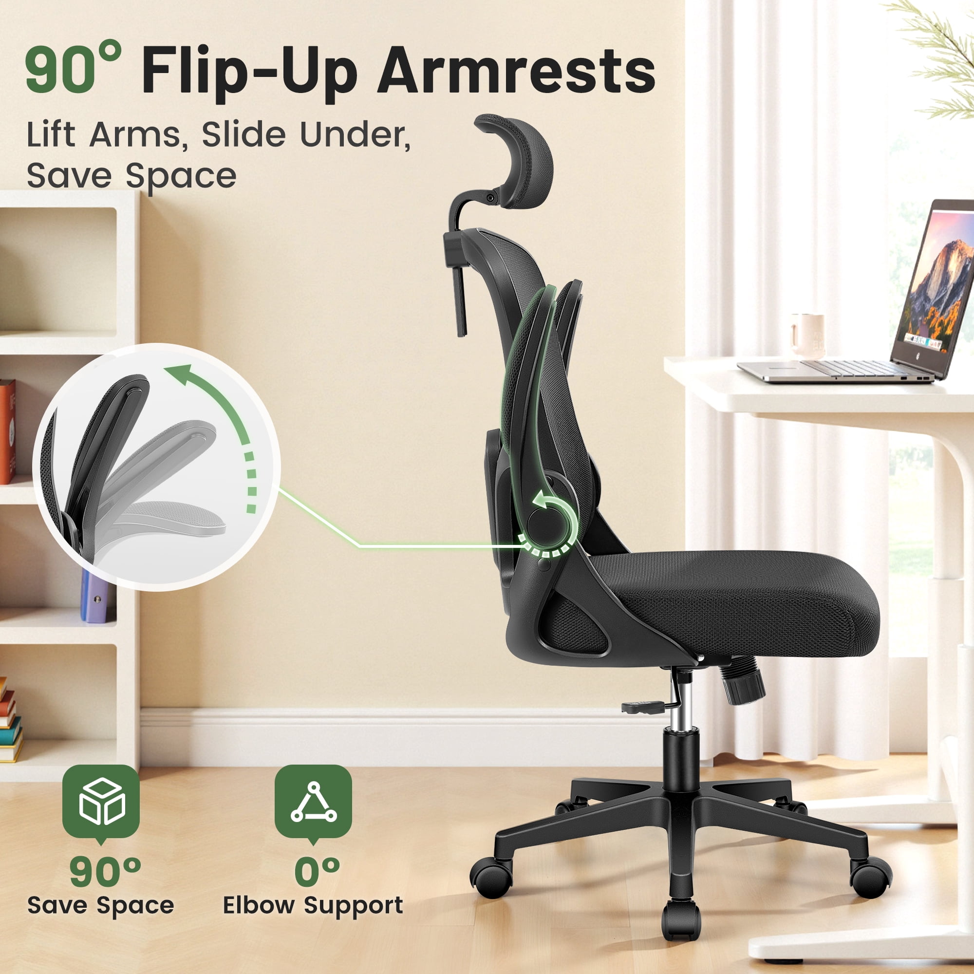 ATHOPE Office Chair, Ergonomic Desk Chairs 300LBS Capacity High Back Mesh Computer Chair with Flip-up Armrests, Comfy Work Chair with Adjustable Lumbar Support Headrest for Home Office, Black