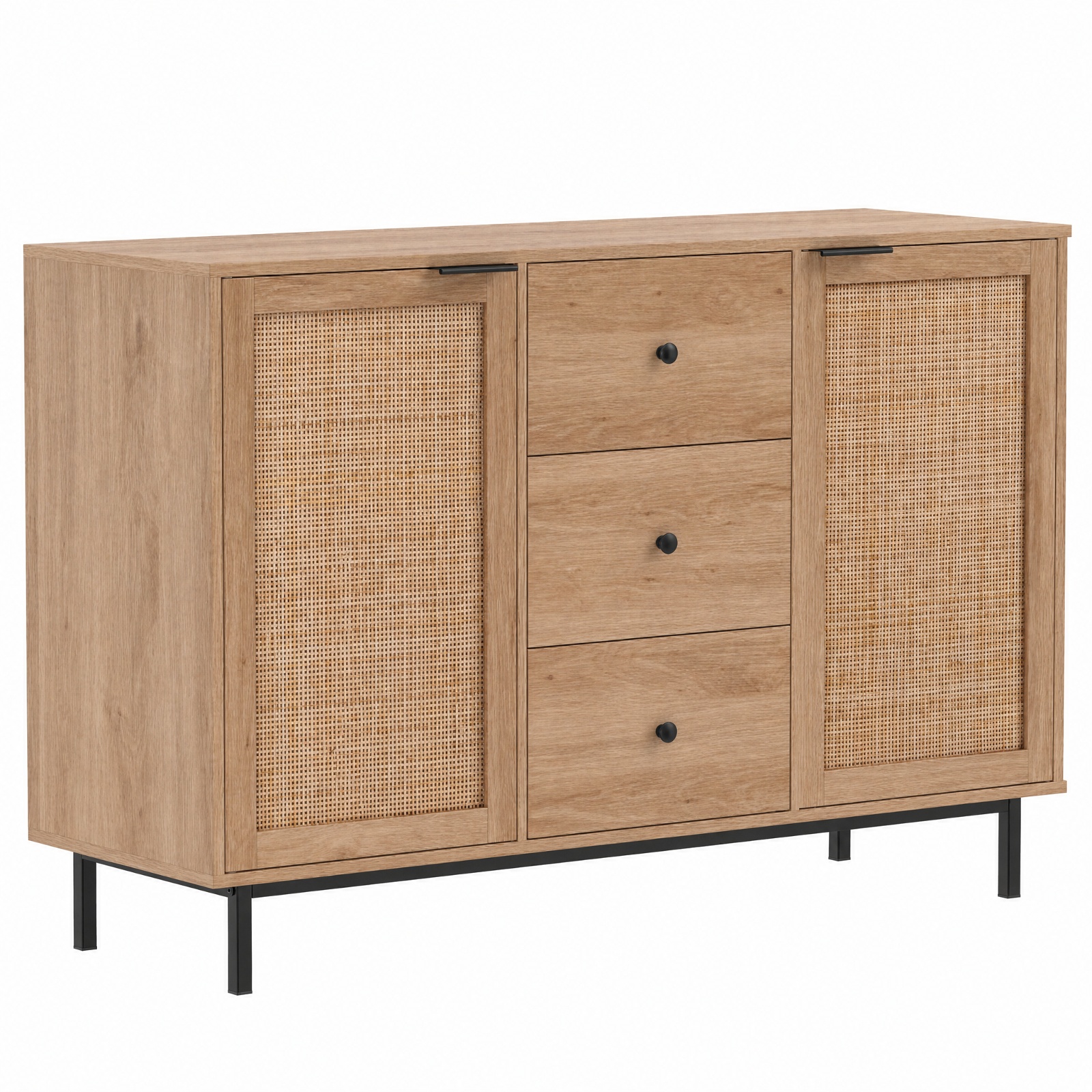 Furnibear Sideboard Buffet Cabinet Rustic Farmhouse Coffee Bar Table with 2 Rattan Doors and 3 Drawers for Kitchen Dining Living Room Buffet, Natural