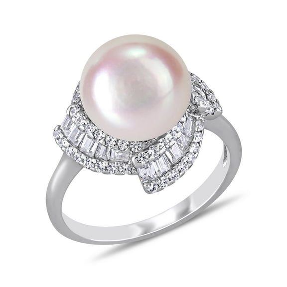 Everly Women's Cultured Pearl and Cubic Zirconia Sterling Silver Engagement Ring