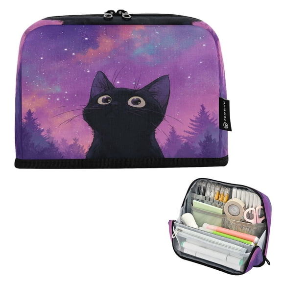 Standing Pencil Case with Base Large Capacity Stationery Pouch Pen Bag with Zipper for Women Men Purple Sky and Black Cat