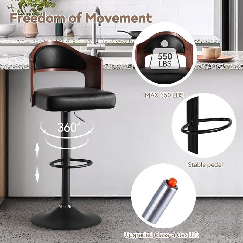 Hawsaiy Wooden Bar Stools Set of 4, Adjustable Height 24.5-33.5IN, Wooden Bar Chairs with PU Leather Upholstery, Back & Footrest for Kitchen, Dining, and Home Bar
