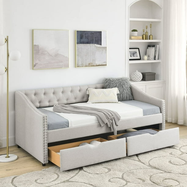 Muumblus Full Size Adult Daybed with Drawers， Modern Upholstered Tufted
