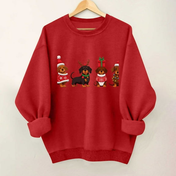 SYMOID Womens Christmas Dachshund Sweatshirt - Oversized Red Festive Graphic Cotton Sweatshirt, Soft Breathable Holiday Party Casual Loungewear for Women (S-XXL),Size M