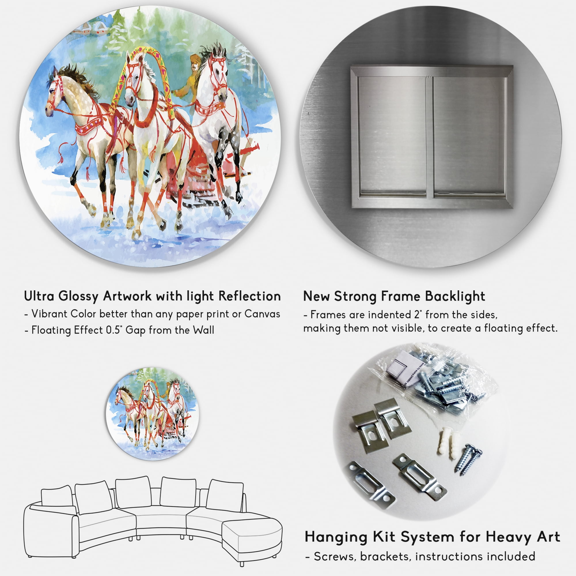 Designart 'Carriage In The Snow With Galoping Horses' Farmhouse Circle Metal Wall Art 29x29 - Disc of 29