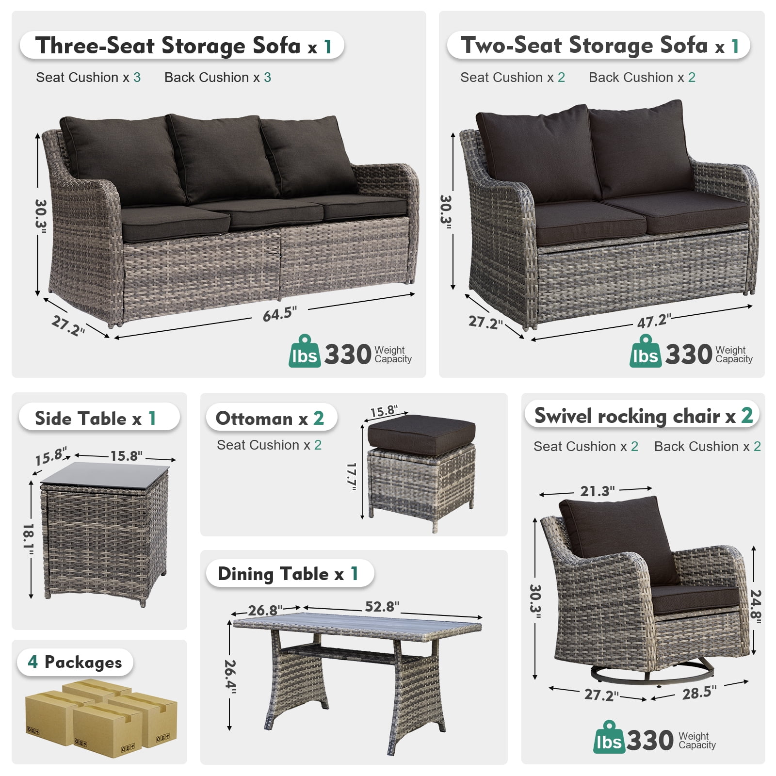 MEISSALIVVE 8 Pieces Patio Furniture Set with Dining Table, Outdoor Wicker Conversation Set with 3-Seat & 2-Seat Sofas, Wicker Armrest Swivel Chairs, 2 Ottomans, Black