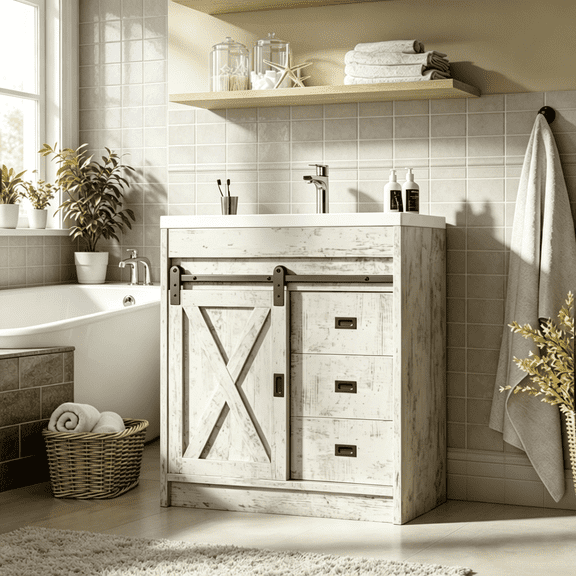DreamCurship Bathroom Vanity with Sink Combo, Bathroom Storage Cabinet with Drawers, Farmhouse Bathroom Vanity Cabinet with Sliding Barn Doors, Gray