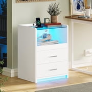 AOGLLATI White Nightstand with Charging Station and LED Lights, 2 Drawers LED Night Stand with Tempered Glass Tabletop, Modern End Side Tables with Pull-Out Tray, Open Storage Bedside Tables