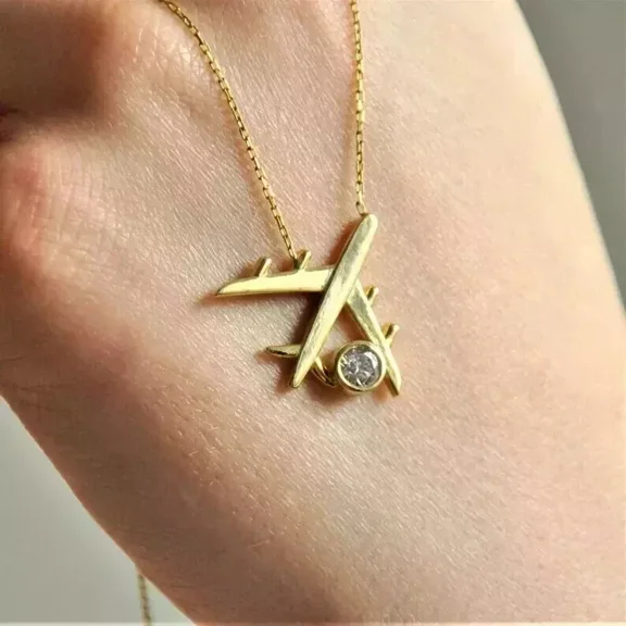 New Jewels 14K Yellow Gold Plated 0.01 Ct Round Cut Lab Created Diamond Airplane Pendant