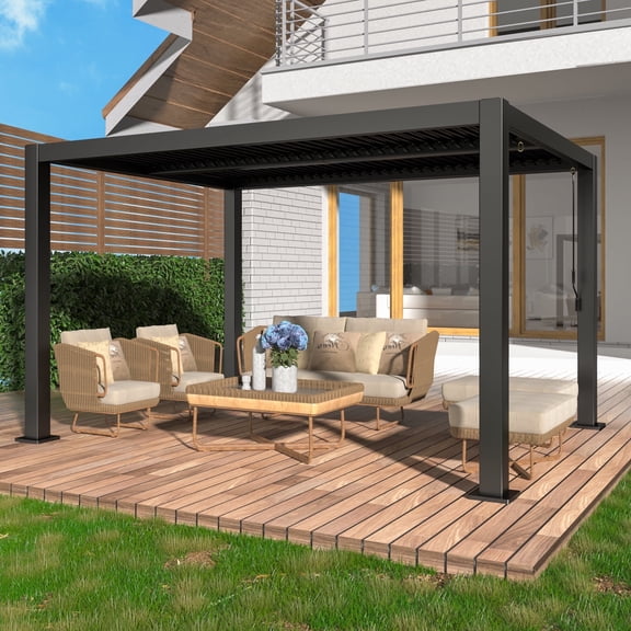 10' ×13' Outdoor Louvered Pergola, Aluminum Patio Louvered Pergola with Adjustable Roof for Deck, Backyard – Black