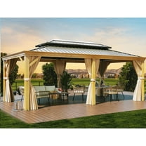 Ataucjin 10x10ft Gazebo, Hardtop Double Roof Canopy with Netting and Curtains, Outdoor Gazebo Galvanized Iron Aluminum Frame Garden Tent for Patio, Backyard, Deck, Lawns