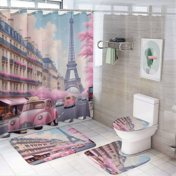 Pink Car in Paris Shower Curtain Waterproof Bathroom Curtain Set with Hooks Home Decor Bathroom Curtains 4pcs