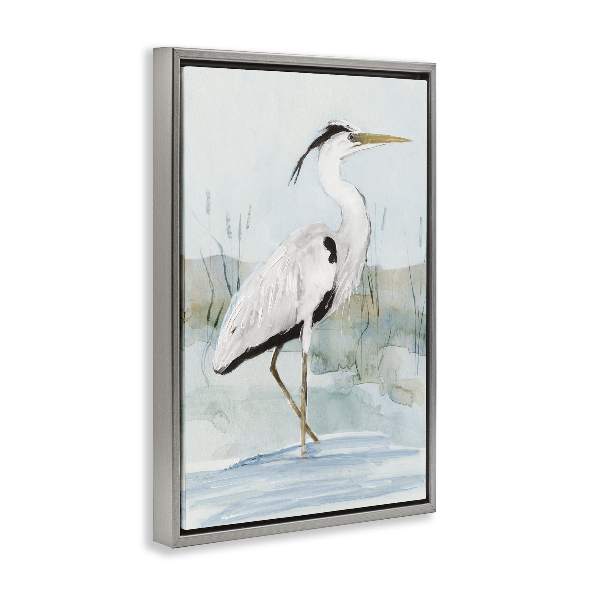 Stupell Industries Stepping White Egret Animals Painting Gray Floater Framed Canvas Art Print Wall Art, 17 x 25