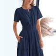 thumbnail image 4 of MORTTIC Women's Elegant V-Neck A-Line Short Sleeve Dress, Solid Color Pleated Maxi Dress for Spring/Summer Navy Blue，S, 4 of 6