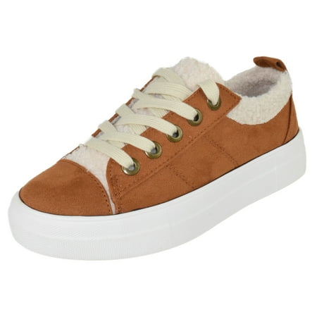 

Soda Flat Women s Shoes Lace Up Loafers Casual Sneakers Synthetic Fur Hidden Flatform ENDEAR-G Suede Brown Tan 5.5