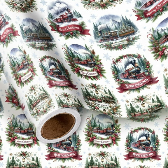 CozyNestFinds Christmas Wrapping Paper Roll, Vintage Steam Train with Snowy Forest Merry Christmas Wreaths, Holiday Gift Wrap for Men Women Family, Winter Crafts, Mini Roll 17 in x 16.4 Feet