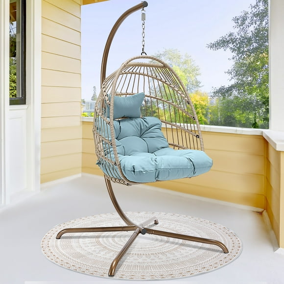 NICESOUL Wicker Egg Swing Chair with Stand and Blue Cushions Hanging Basket Chair 350LBS Capacity for Indoor Bedroom Living Room